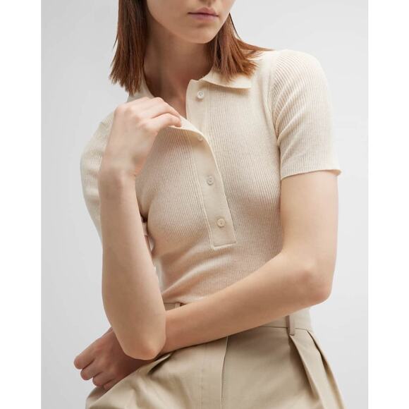 Grey Ven Emma Ribbed Polo Top Wool Cashmere in Cream Sz M - Picture 1 of 7